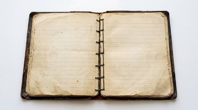 Open antique journal with blank lined pages on a white background
