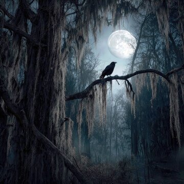 A solitary raven rests on a moss-laden branch, while the full moon casts an enchanting light over the misty forest, evoking a sense of eerie mystery