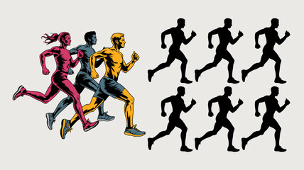 Obraz premium Dynamic of runners in motion with colorful and silhouette versions on a light background