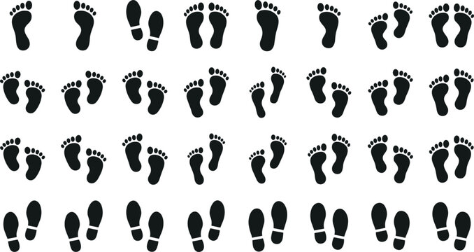 Human footprints and shoe prints black silhouettes icons set with bare feet steps tracking path walk trails and boot sole marks vector illustration