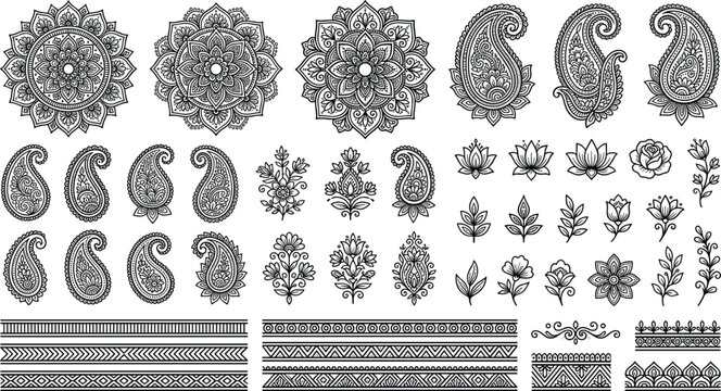 Indian traditional design elements collection with ornamental mandalas detailed paisley patterns lotus flowers roses leaves and decorative seamless borders for mehendi henna tattoo vector