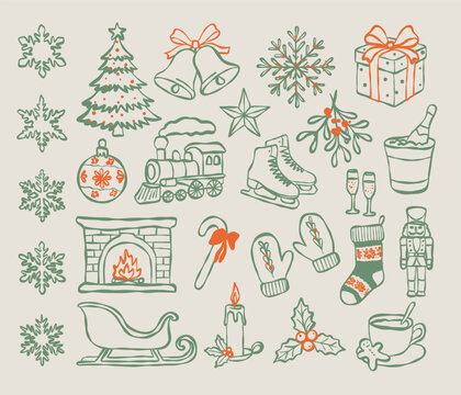 Christmas doodle set with hand drawn winter holiday elements