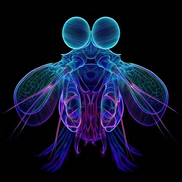 Bright colors show a peacock mantis shrimps face directly towards the viewer with large glowing eyes and sharp lines on a black backdrop.