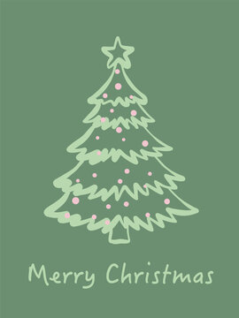 Merry Christmas hand drawn Christmas tree greeting card in pastel green colors