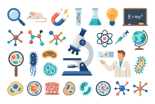 Science and Research Icons: Microscope, DNA, Bacteria, Physics, Chemistry, Biology