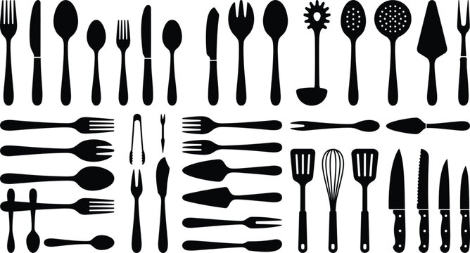 Kitchen utensils cutlery and silverware black silhouettes icons set with fork knife spoon ladle spatula whisk and knives for restaurant menu design vector