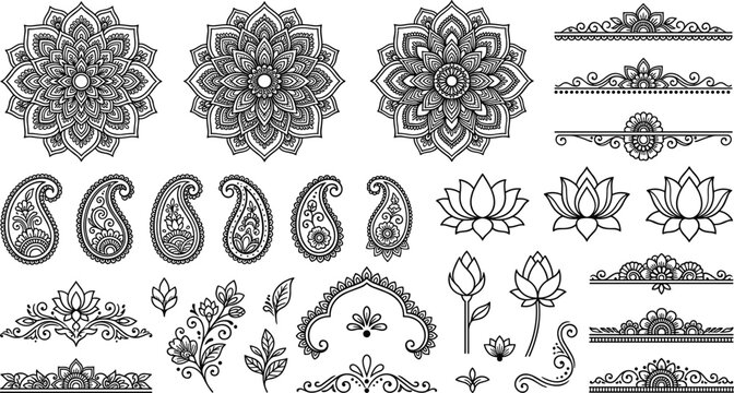 Indian traditional design elements set with ornamental mandalas paisley patterns lotus flowers and decorative border dividers for mehendi henna tattoo and diwali card design vector