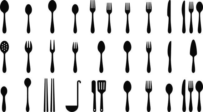 Kitchen utensils cutlery and silverware black silhouettes icons set with spoon fork knife chopsticks ladle spatula and server for restaurant menu design vector illustration