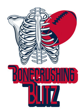 Bonecrushing Blitz illustration with anatomical rib cage and red football ball. A bold edgy fan design perfect for apparel sublimation prints and game day merchandise.