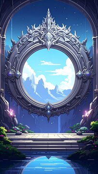 A fantastical, ornate portal with a round window overlooking a serene landscape with a body of water and steps