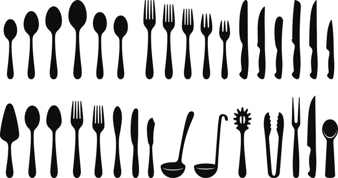 Kitchen utensils cutlery and silverware black silhouettes icons set with spoon fork knife ladle spatula tongs server and bread knives for restaurant menu design vector illustration