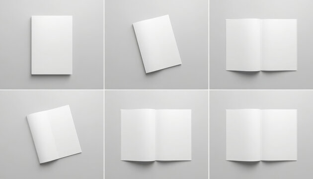 Collection of white blank book and brochure mockups on gray background for design presentation