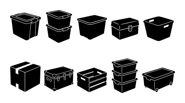 Storage Box Silhouette Icon Set Featuring Plastic Containers Cardboard Delivery Packages And Wooden Storage Crates