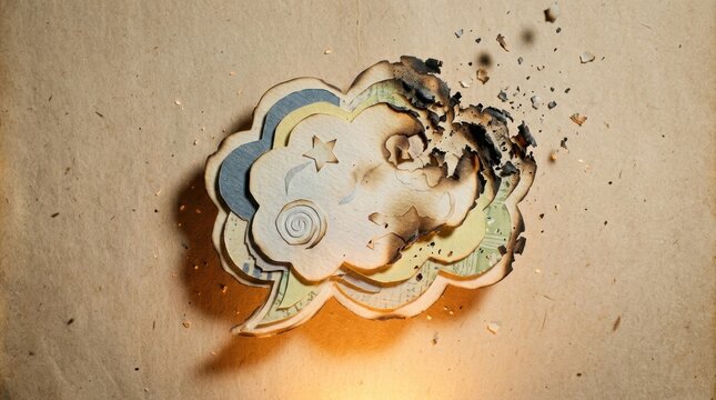 Burning paper cloud cutout with charred edges and scattered ash, layered map texture and star swirl motifs creating dramatic warm light and shadow