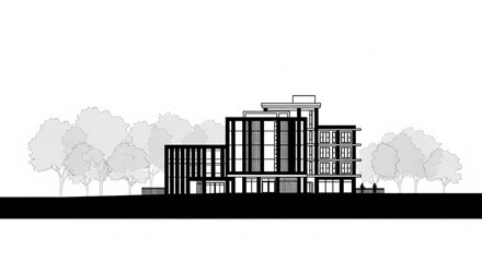 Obraz premium Residential Apartment Building Facade Elevation with Balconies Trees and Entrance Design 