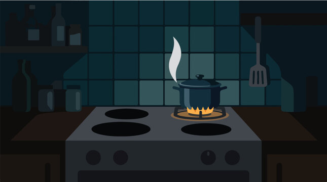 Cooking pot simmering on gas stove back burner vector illustration. Kitchen interior scene with steam and fire flame. Culinary cooking concept.