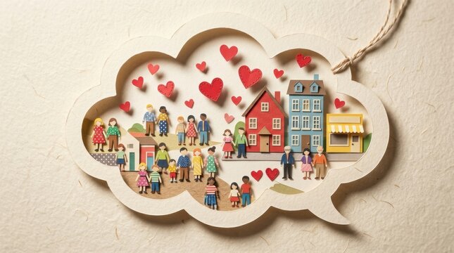 Community of diverse people and colorful houses in paper cutout speech bubble with hearts conveying neighborhood love and social connection