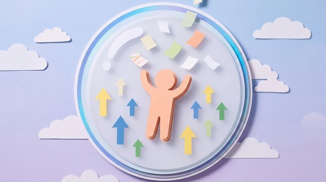 Paper cutout person inside translucent circle with colorful upward arrows and confetti, pastel sky background conveying achievement and positive growth