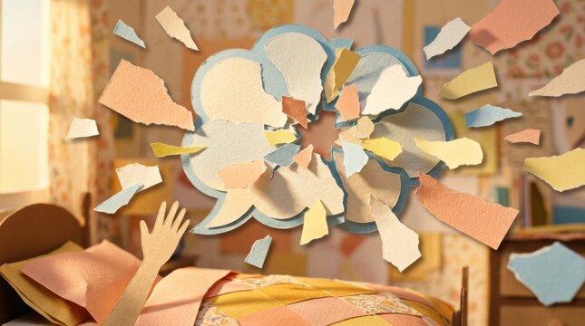 Paper cut thought bubble exploding into torn paper fragments over cozy child bedroom bed with warm light and pastel quilt