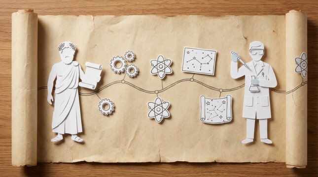 Ancient scholar and modern scientist paper cutouts connected by timeline of gears and atomic icons showing evolution of knowledge and discovery with vintage scroll background