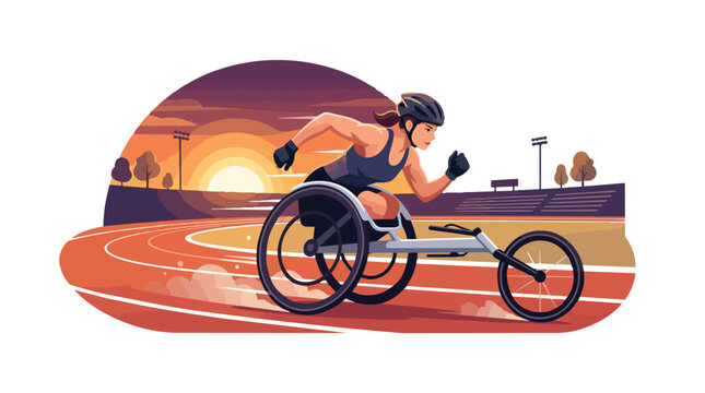 Professional female athlete racing in a specialized wheelchair on track.