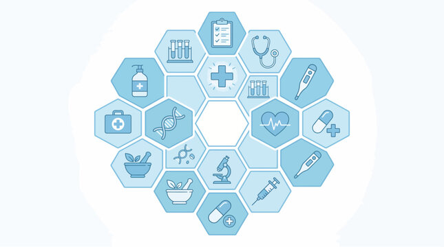 Medical healthcare infographic icons arranged in a hexagonal pattern layout