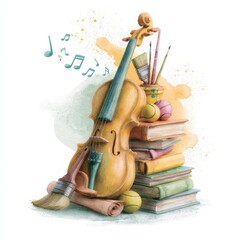 Fototapeta na wymiar Watercolor Violin with Stack of Books and Music Notes for Classical Music Education