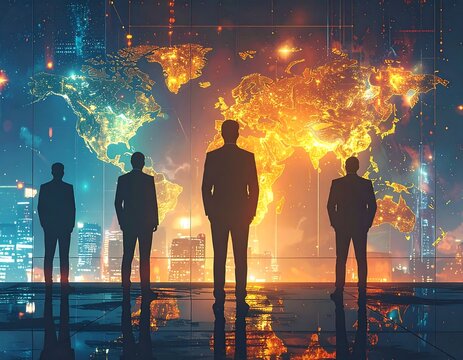 A futuristic cityscape at dusk with four silhouetted figures standing on a reflective surface, gazing at a vibrant, illuminated world map