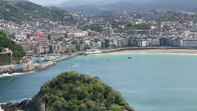 San Sebastian City Promenade Harbor Sailing Regatta Panorama Monte Urgull 4K 60fps