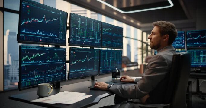 Profile Portrait of Businessman Seated at Desk Studies Stock Exchange Feeds, Candlestick Charts and Financial Analytics on Computer Screens, Investment Positions, Market Trends, Capital Growth Office
