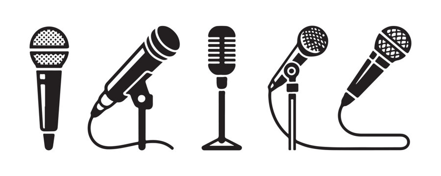 Collection of various microphones and audio recording gear icons on gray transparent background.