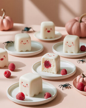 Cute Halloween ghost cakes with smiling faces on plates, surrounded by pink pumpkins on a pastel pink table, festive vertical photo for a playful Halloween celebration