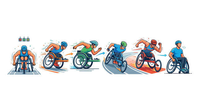 A series of diverse wheelchair athletes competing in racing and sport events.