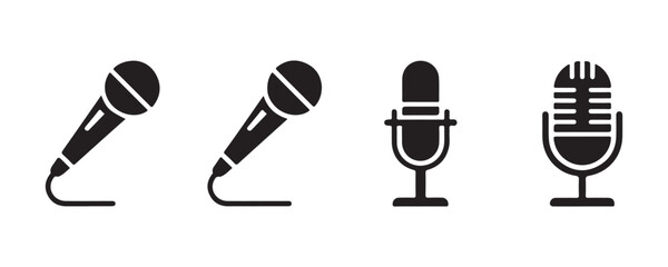 Dynamic handheld microphone icons and retro studio equipment for podcasting and vocal performance. © Kamil