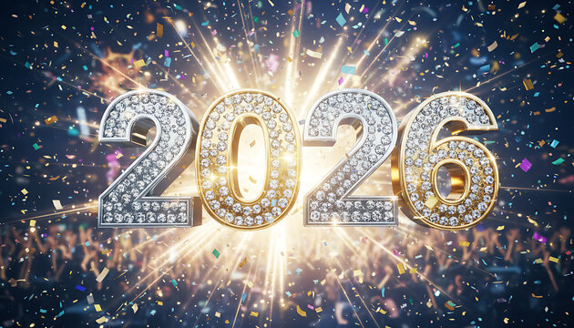 Sparkling diamond 2026 new year celebration background with confetti