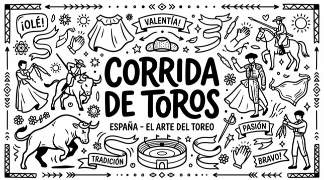 Corrida de Toros Spanish Bullfighting Poster in Black and White Hand Drawn Doodle Style