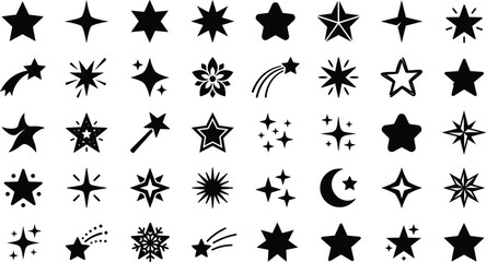 Star black silhouettes icons set with sparkle shine twinkle shooting star magic wand night sky decoration elements and award symbols graphic vector illustration © Md