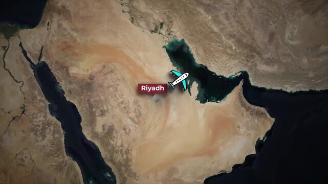 Flight route animation from Riyadh to Tokyo on satellite Earth map
