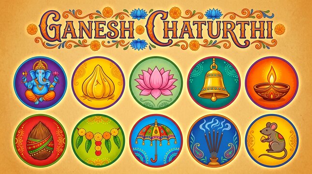 Ganesh Chaturthi Symbols with Lord Ganesha Modak Lotus Bell Diya Coconut Garland Umbrella Incense and