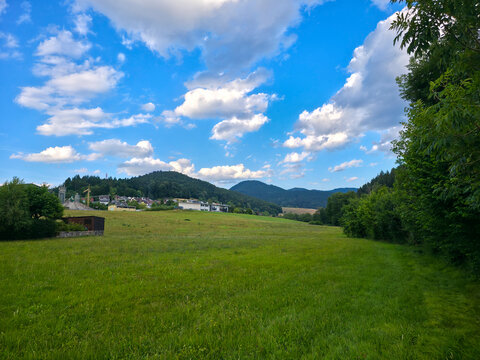 germany, endless green meadows surrounding elzach village creating breathtaking black forest panorama with peaceful summer hiking paradise and charming countryside