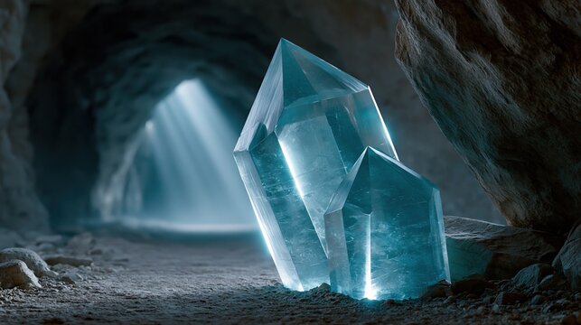 Glowing blue crystal cluster illuminated by sunbeams in a dark cave