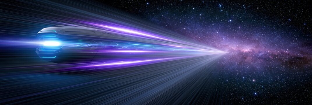 Futuristic spaceship traveling at warp speed through a starry galaxy with light trails