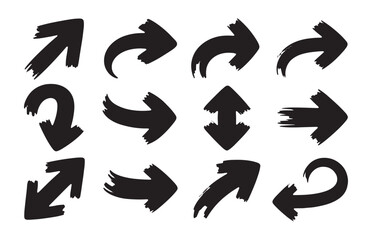 Fototapeta premium Grunge curved arrows in black ink style for motion and navigation concepts on white background icons.