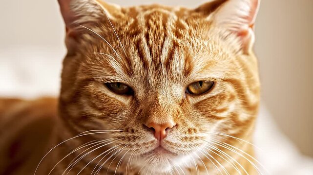 Close-up portrait of a ginger tabby cat with bright amber eyes looking directly at the camera