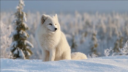 Fototapeta premium A beautiful arctic fox sits gracefully on a blanket of snow, its fluffy white coat blending perfectly with the wintry surroundings. The distant trees covered in frost create a serene backdrop