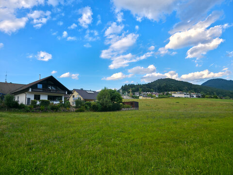 germany, wonderful glowing sunset sky above elzach village surrounded by breathtaking black forest nature creating unforgettable peaceful summer evening atmosphere
