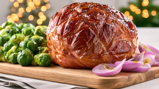 Glazed roasted ham with brussels sprouts and red onions.
