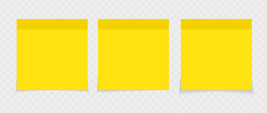 Yellow blank sticky note paper reminder with shadow. Vector design element reminders, memo, sheet isolated on transparent background. 