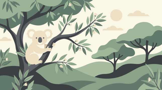 Koala bear sitting on tree branch in green forest.