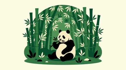 Giant panda sitting in a dense bamboo forest grove. © sye